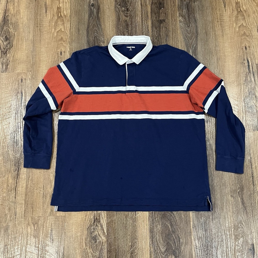 Lands' End Rugby Shirt Mens XXL Blue Striped Long Sleeve Cotton Polo